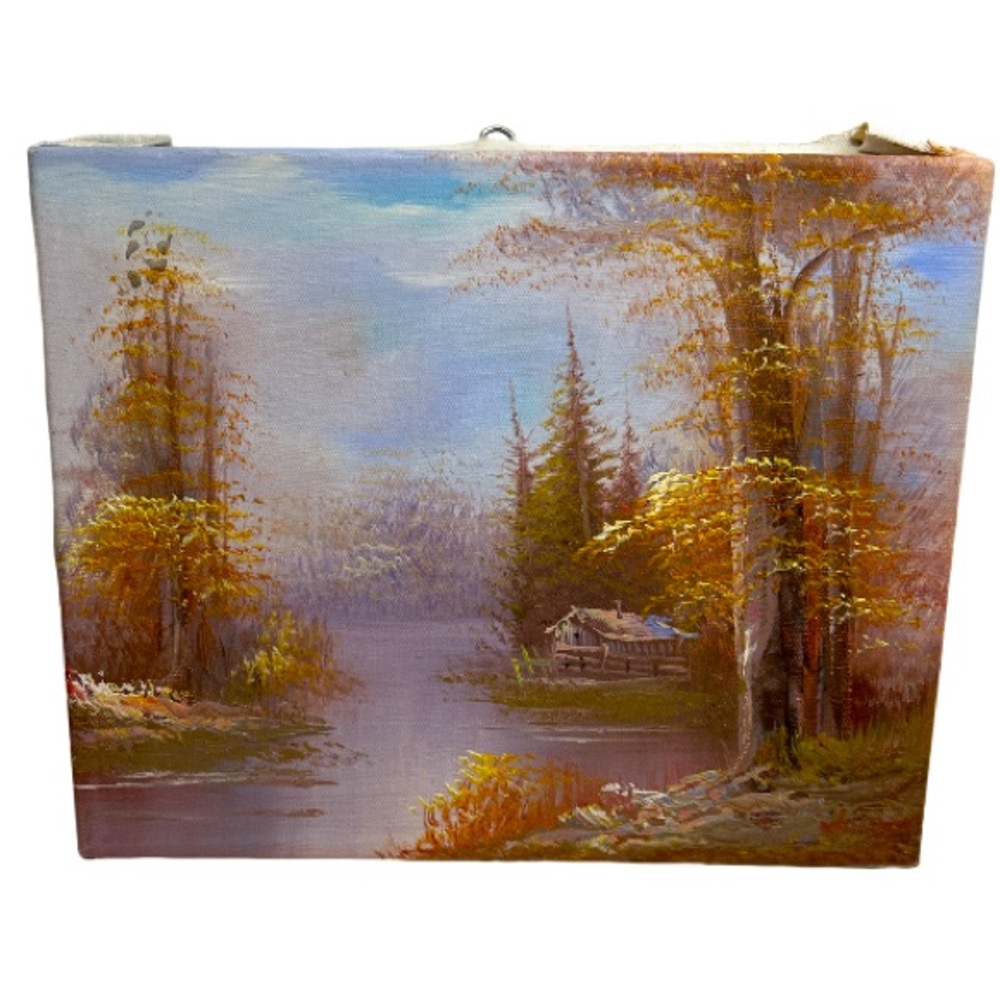 Vintage Signed Oil Painting Cabin In The Woods Measuring 10”x 8”